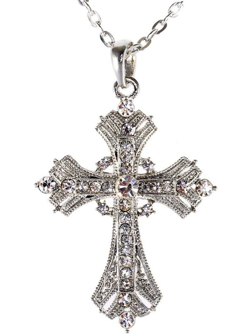 Silvery Tone Religious Cross Pendant Necklace w/Aquamarine Blue Or Clear Crystal